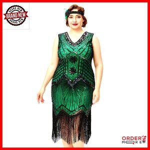 Plus Size Flapper Dress V Neck Beaded Fringe Gatsby Party